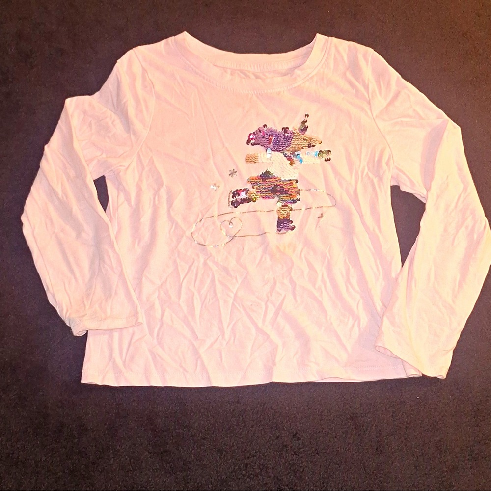 Cat & Jack Girls S (6/7) White Long Sleeve Sequin Unicorn Graphic Crew Neck Tee